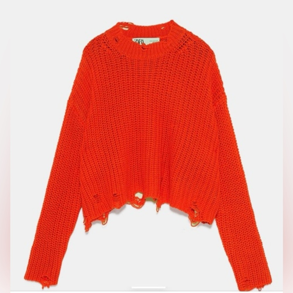 ZARA Flame Orange Distressed Ripped Oversized Cropped Knit Sweater Size Small